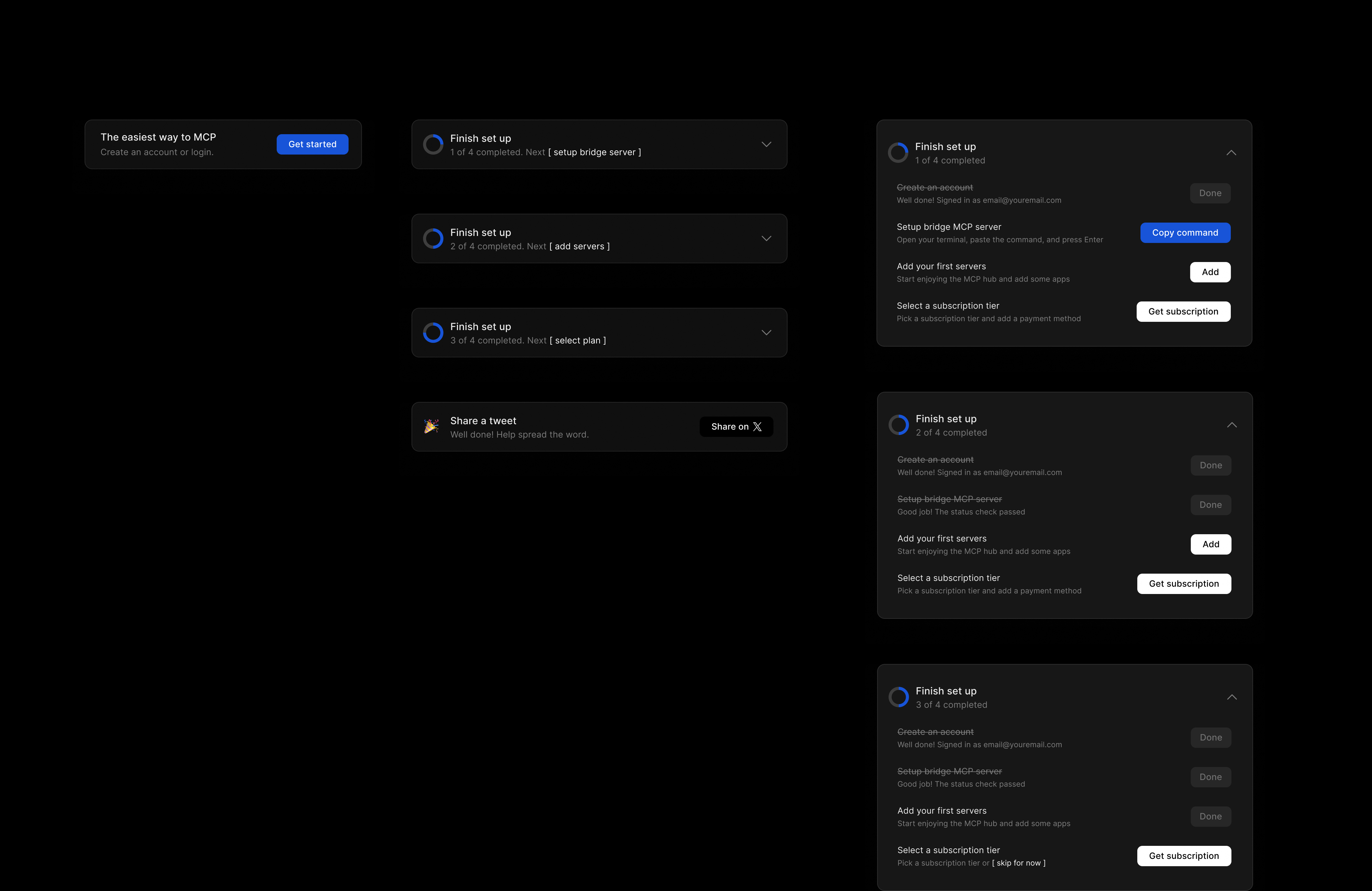 The onboarding component set in MCP Hub