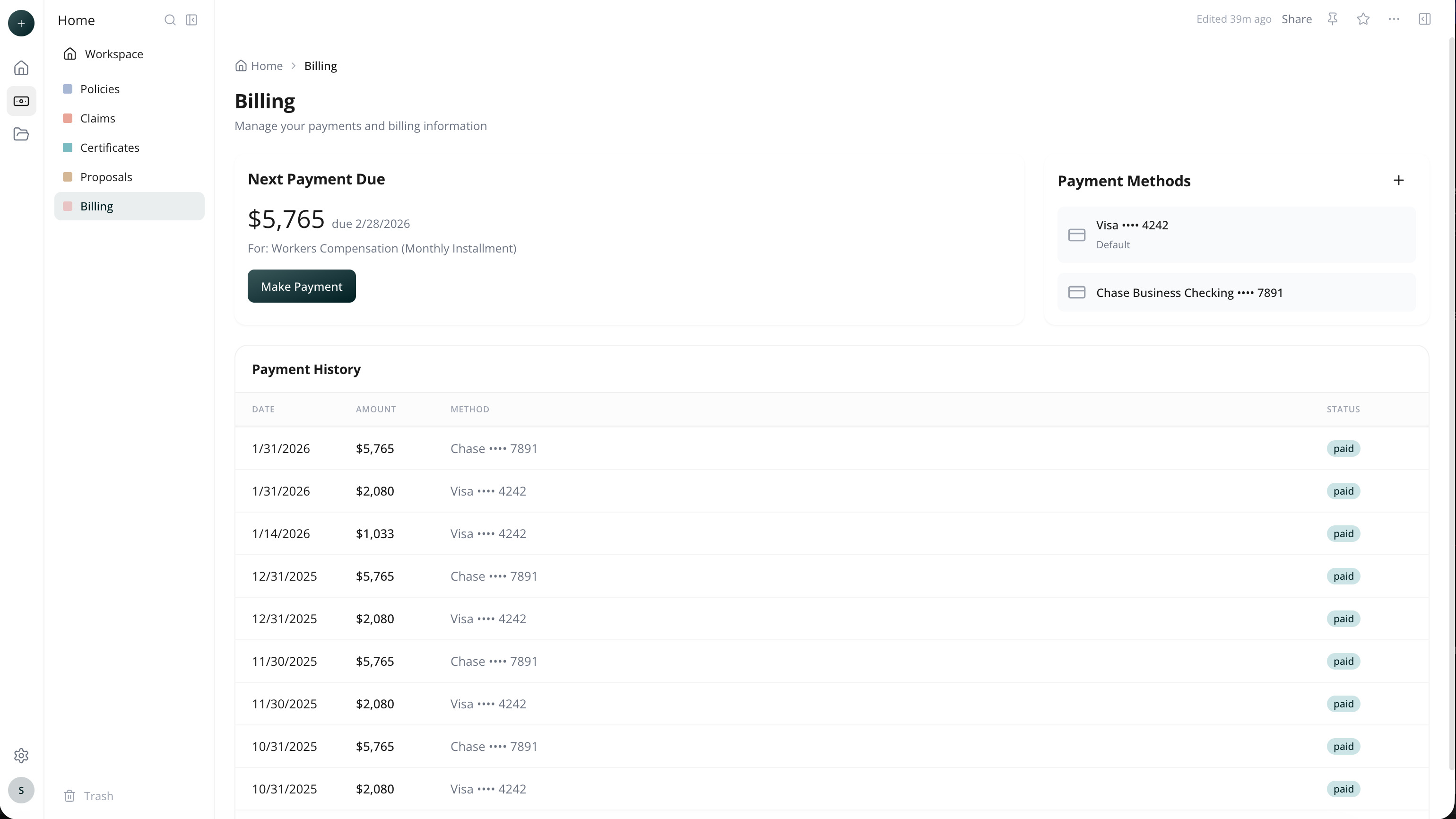 The billing view in Via Client Portal