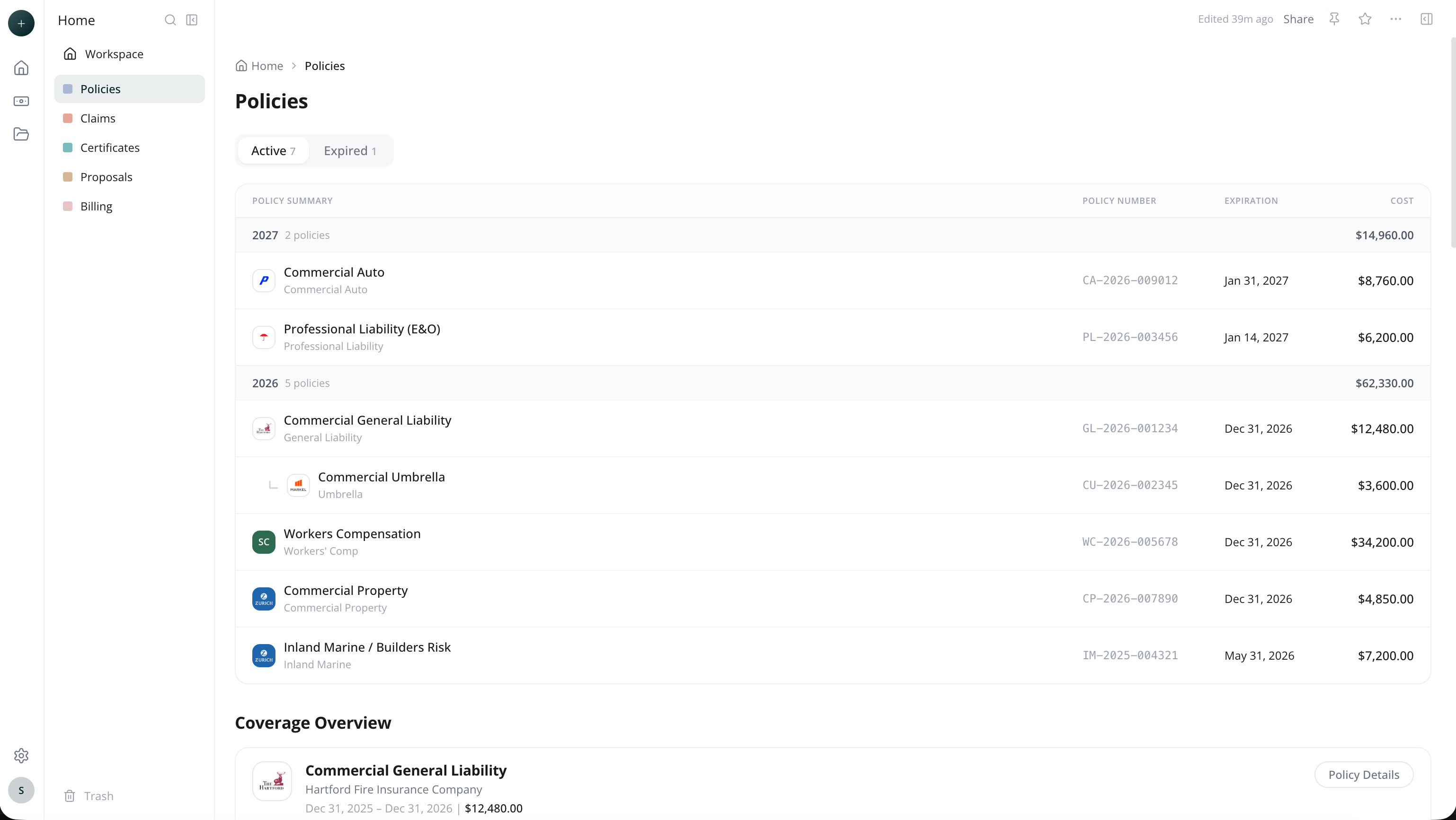 The policies list in Via Client Portal, grouped by year